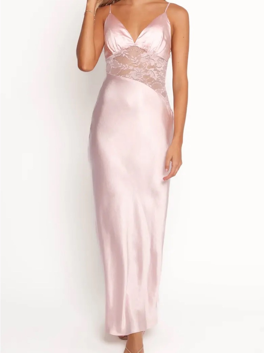 Petal & Pup Satin Lace inset Panel Slip Gown maxi dress Blush XS sheer sexy long
